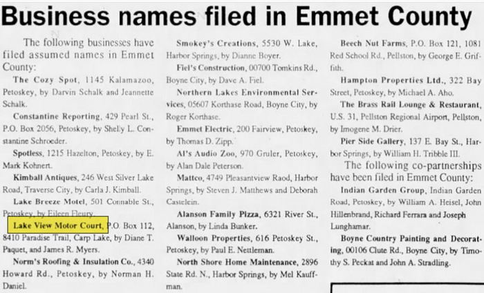 Pines of Paradise (Lake View Motor Court) - Jan 1991 Business Name Filed